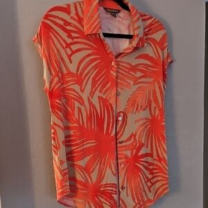 TOMMY BAHAMA ORANGE and Cream Leaf Print Button-Down Shirt MEDIUM